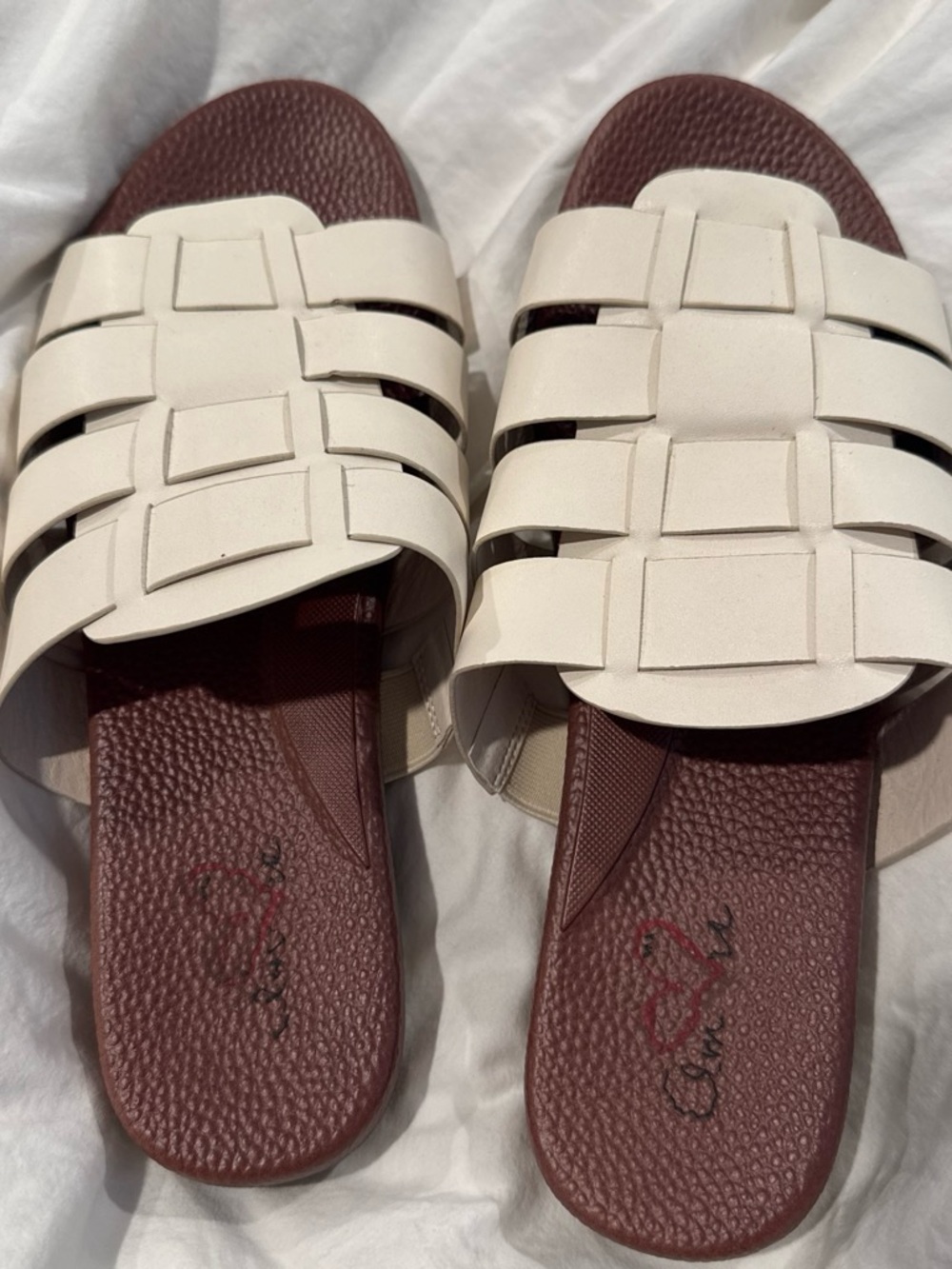 MIA Cream Woven Slide Sandals with Brown Footbed